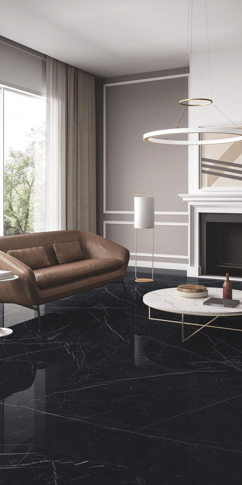 Colorful geometric patterned tiles in hotel corridor