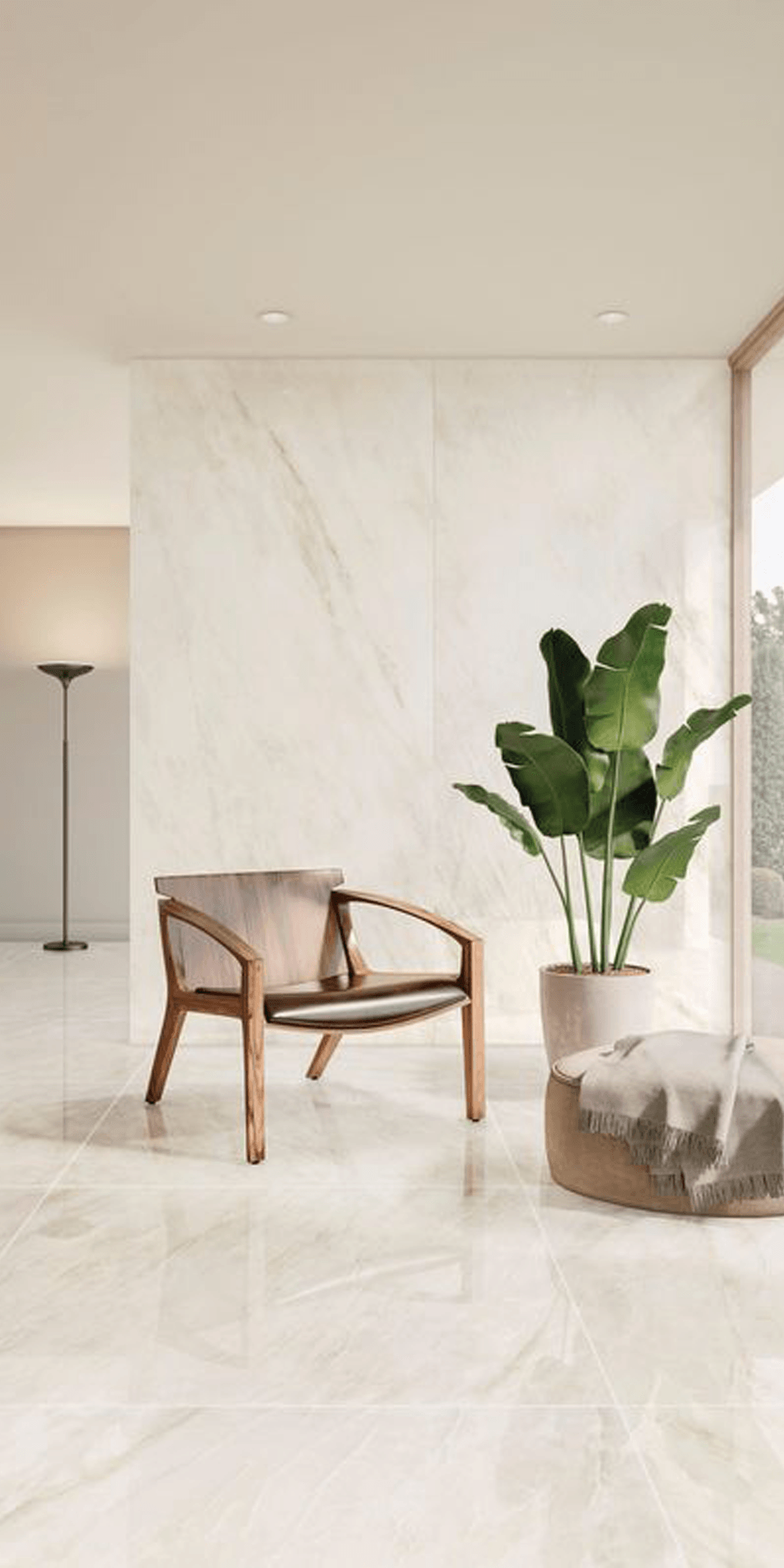 Contemporary white interior with neutral tiled flooring